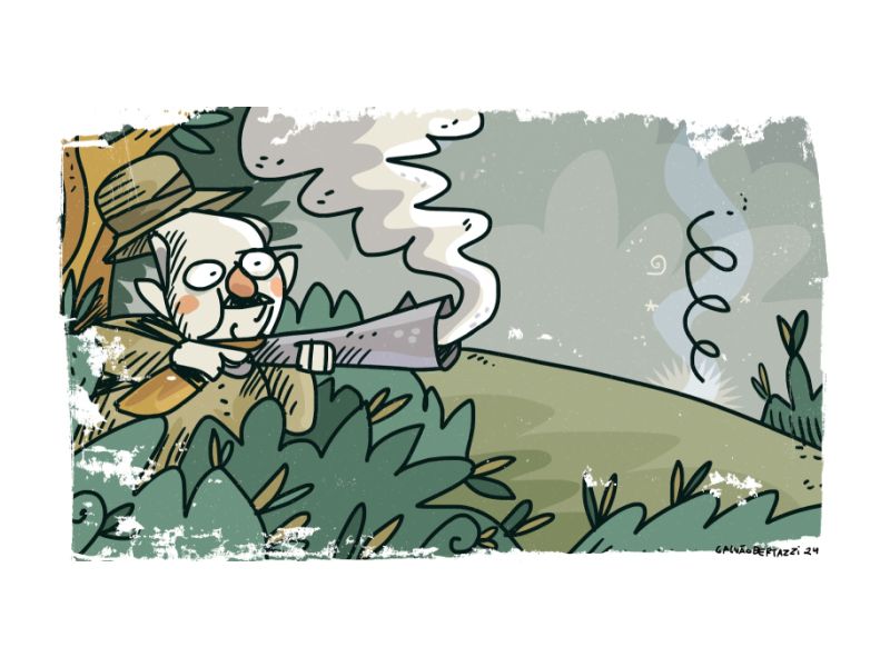 Galvão Bertazzi ilustra Luiz Henrique da Silveira como caçador