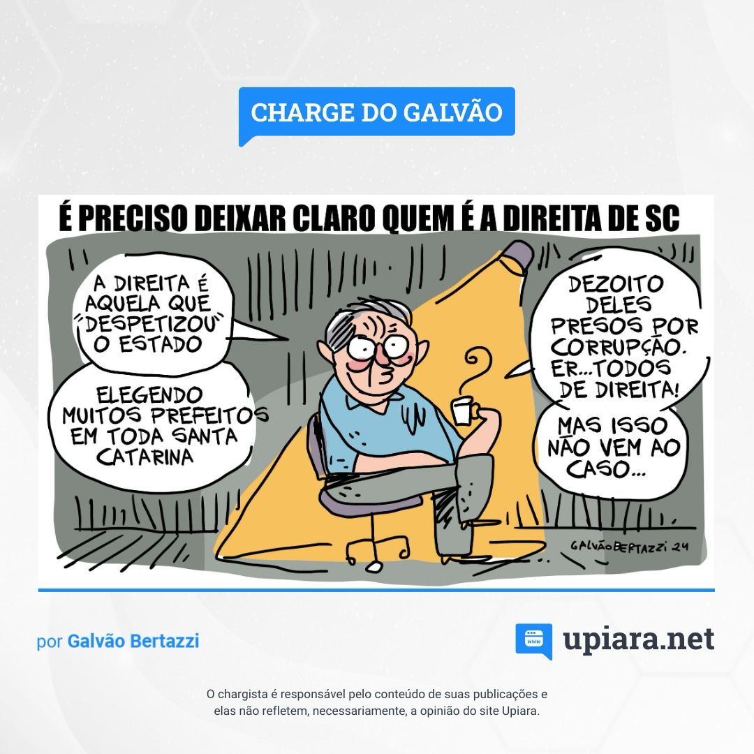Charge de Galvão Bertazzi sobre entrevista de João Rodrigues ao Cabeça de Político, quando disse que a verdadeira direita de SC é o PFL