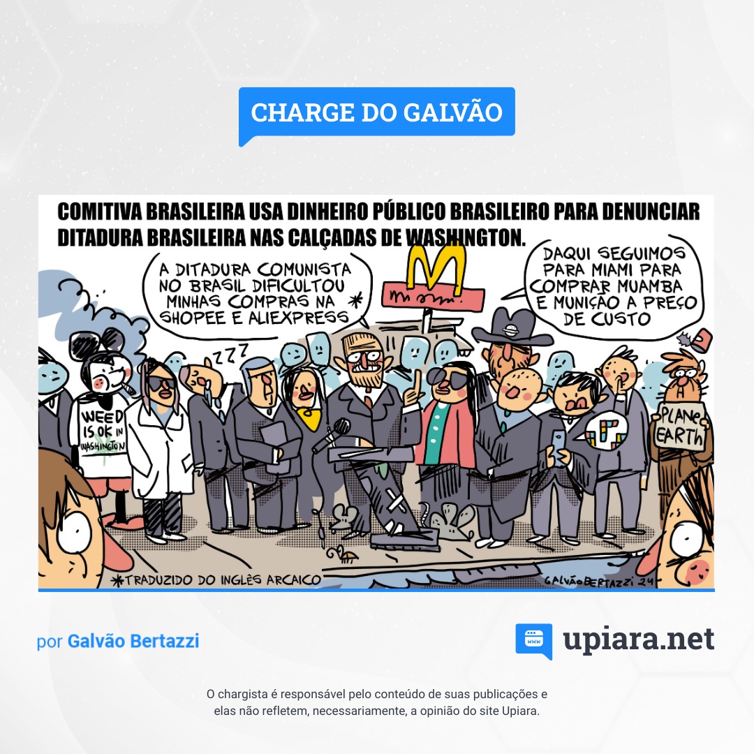 Charge do Galvão sobre viagem de bolsonaristas, incluindo os deputados federais Eduardo Bolsonaro e Zé Trovão, aos EUA