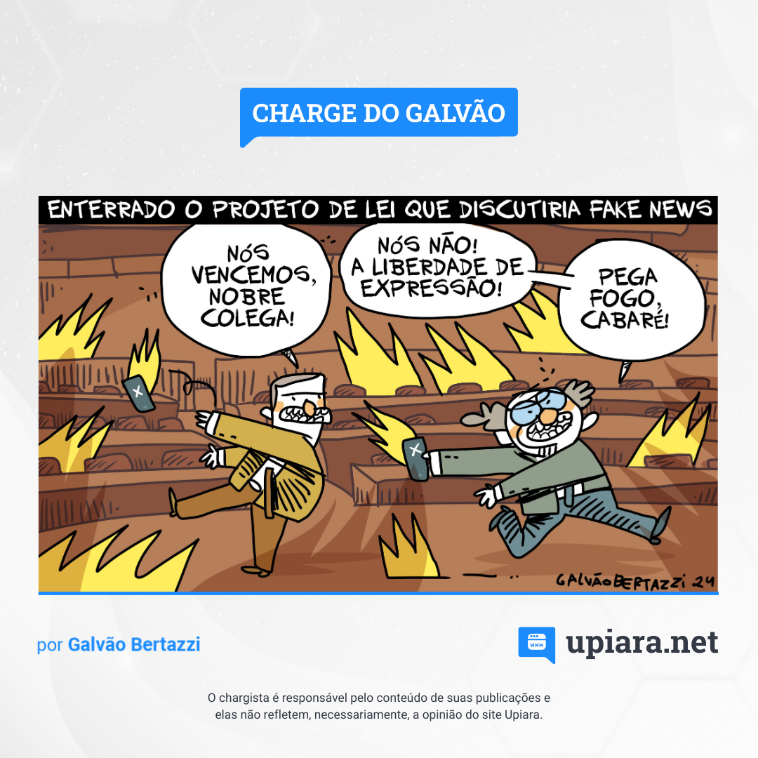 Charge de Galvão Bertazzi sobre decisão da Câmara de reiniciar do zero discussão de projeto contra fake news