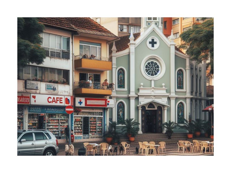 Café, igreja e farmácia em Joinville. Imagem gerada por Inteligência Artificial