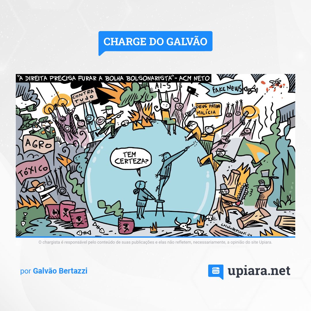 Charge de Galvão Bertazzi sobre a declaração de ACM Neto de que a "direita precisa furar a bolha do bolsonarismo"