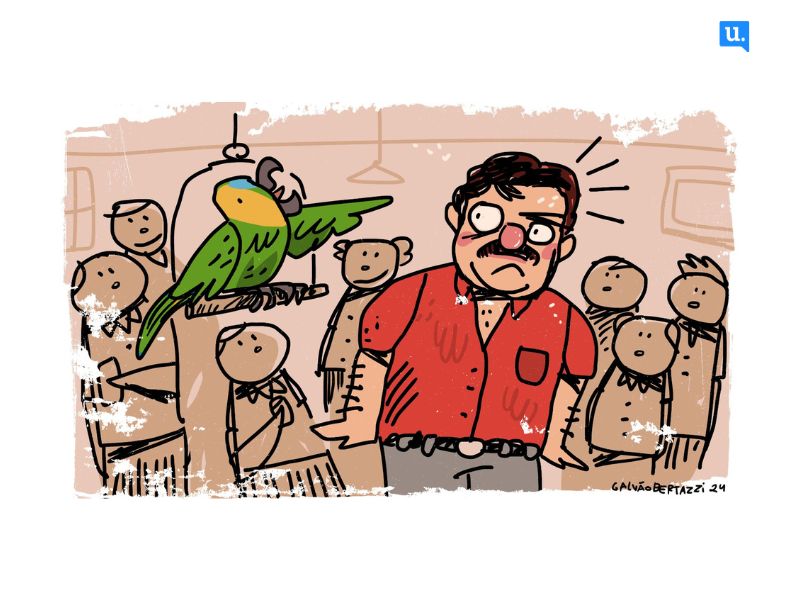 Galvão Bertazzi reinterpreta o constrangimento de Mário Cavallazzi com o papagaio do prefeito de Angelina.