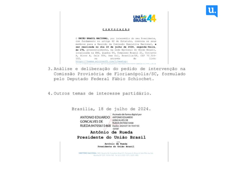 União Brasil vai votar segunda o pedido do presidente estadual Fábio Schiochet para tirar Gean do comando em Florianópolis