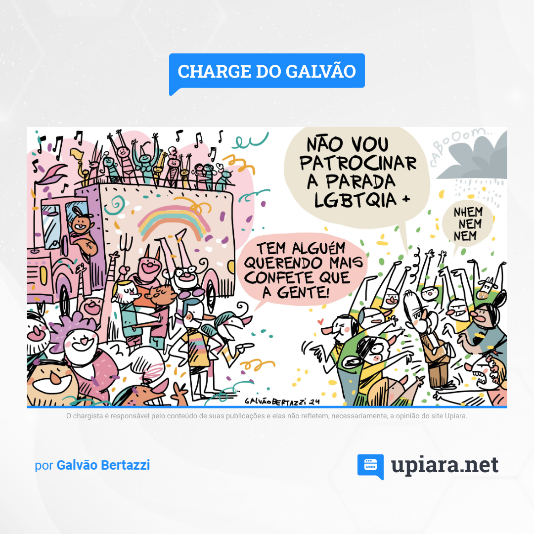 Charge de Galvão Bertazzi aborda o veto do governo Jorginho Mello (PL) à recursos estaduais na Parada LGBTQIA+