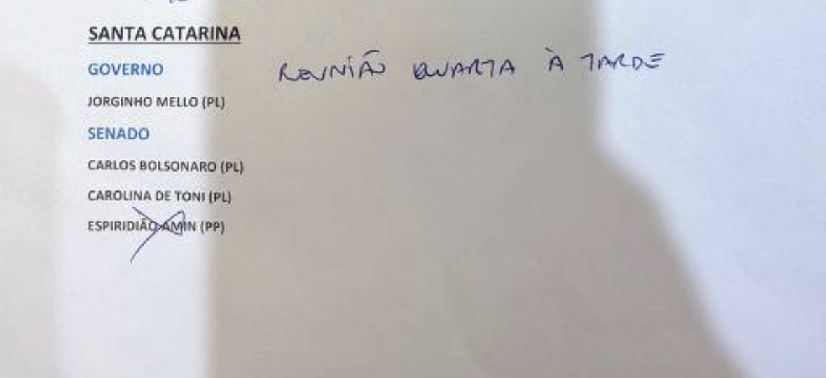 Na planilha de Flávio Bolsonaro (PL), um "x" sobre o nome de Esperidião Amin (PP) como opção ao Senado.