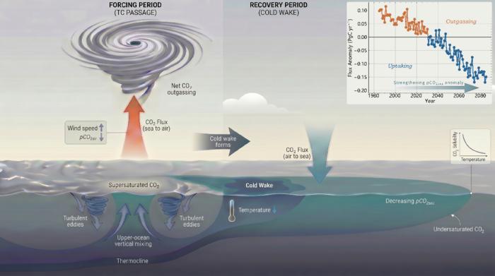 Esquema da contribuição dos ciclones tropicais para o balanço de carbono oceânico durante eventos
de ciclones tropicais e após suas passagens apresentado no estudo publicado na Revista Nature.